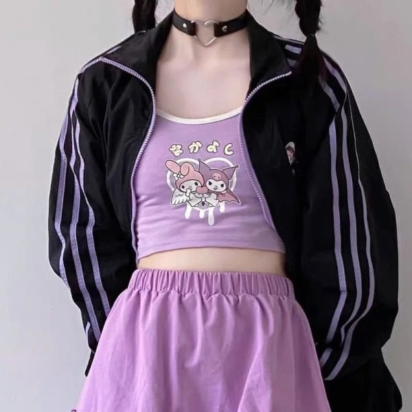 Anime Sanrio Kuromi And My Melody - Heart Lila Askılı Kadın T-Shirt