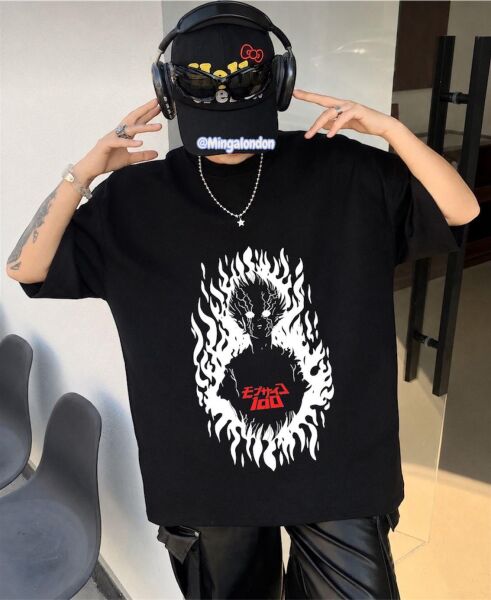 Anime Mob Psycho 100 Baskılı Siyah Oversize T-Shirt