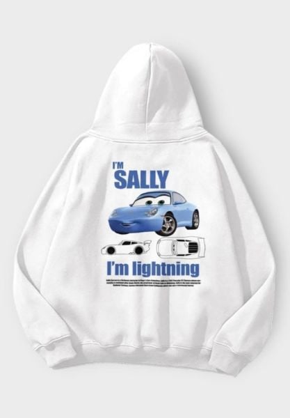 Beyaz Kapüşonlu I'm Sally Car Detail Sırt Baskılı Sweatshirt