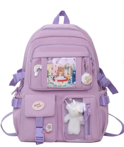 Lila Kawaii Japon Tarzı Ayıcıklı Okul Sırt Çantası - ROZETSİZ