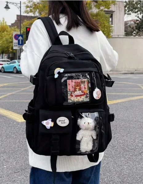 Kawaii Japon Tarzı Aksesuarlı Ve Ayıcıklı Okul Sırt Çantası Siyah- ROZETSİZ