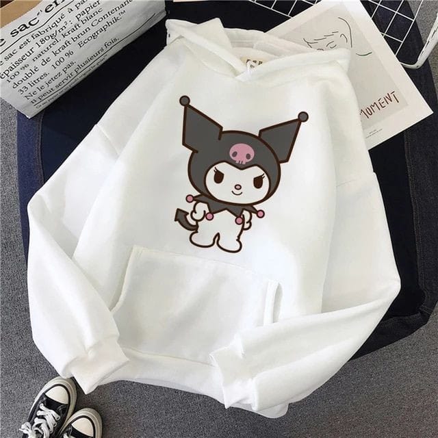 Beyaz Kuromi Kalın Kumaş Kapşonlu Sweatshirt