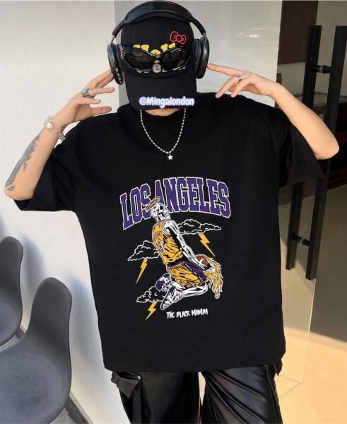 Los Angeles Baskılı Siyah Oversize T-Shirt