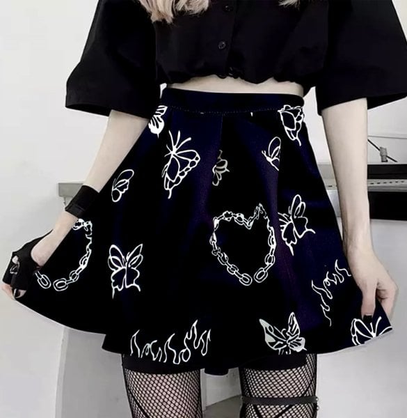 Butterfly Flame Heart Kolaj Siyah Skater Etek