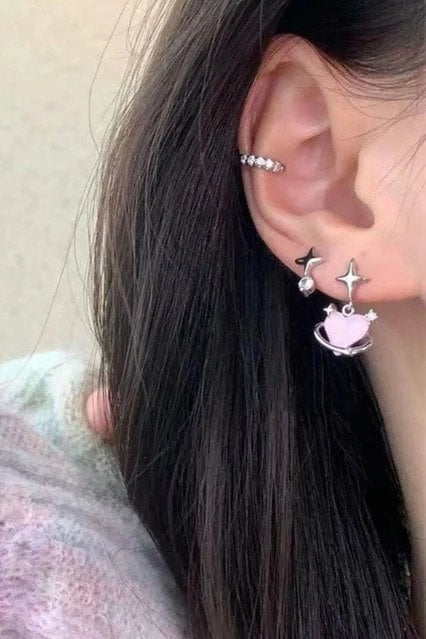 6'li Pink Heart Planet Küpe