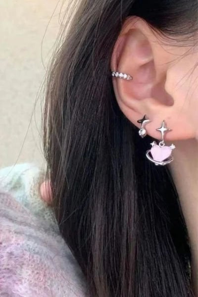 6'li Pink Heart Planet Küpe
