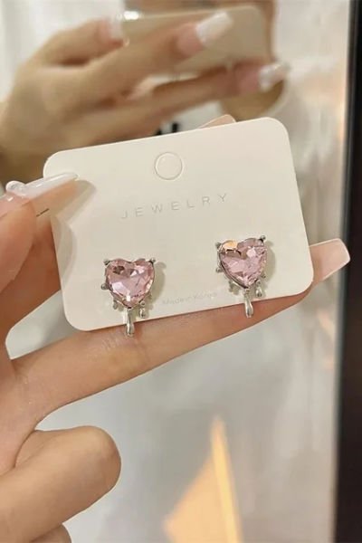 Pink Crystal Heart Melting Küpe