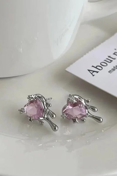 Pink Crystal Heart Melting Küpe