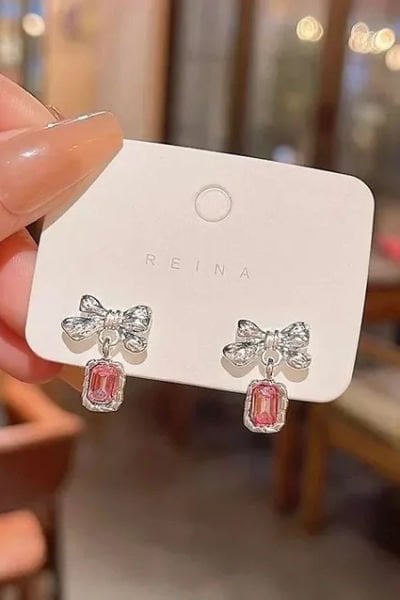 Pink Stone Crystal Bow Küpe