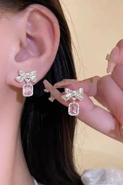 Pink Stone Crystal Bow Küpe
