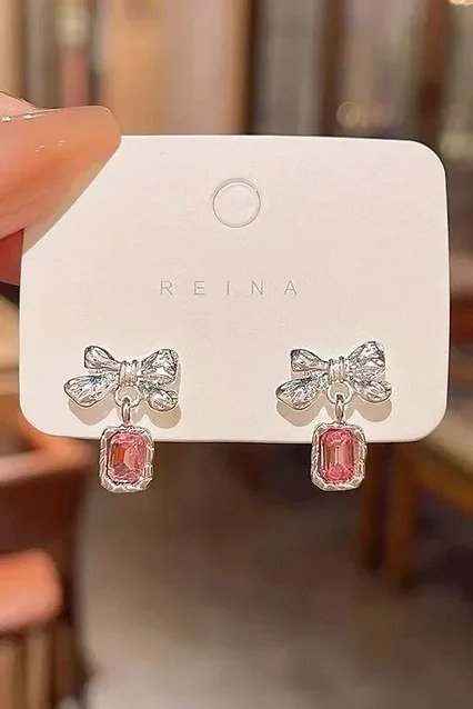 Pink Stone Crystal Bow Küpe