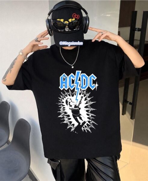 AC DC Baskılı Siyah Oversize T-Shirt