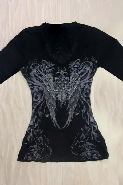Siyah Vintage Gotik Wing Y2K Uzun Kollu Crop