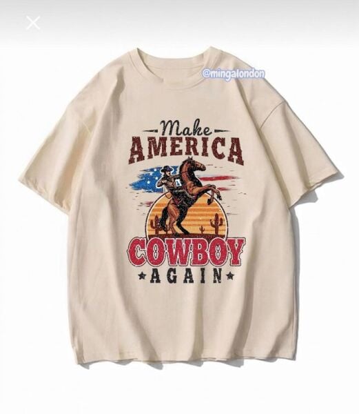 Make Amerıca Cowboy Agaın Baskılı Bej T-Shirt