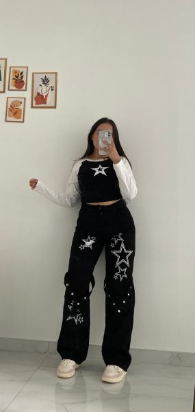 Y2k Siyah Star Palaska Baggy Pantolon