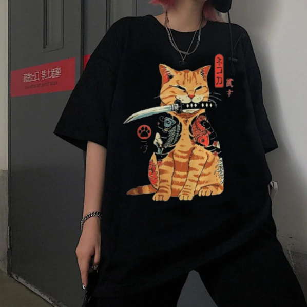Unisex Siyah Katana Samurai Cat T-shirt