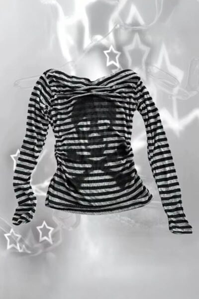 Siyah Gri Çizgili Skull Y2K Uzun Kollu Crop