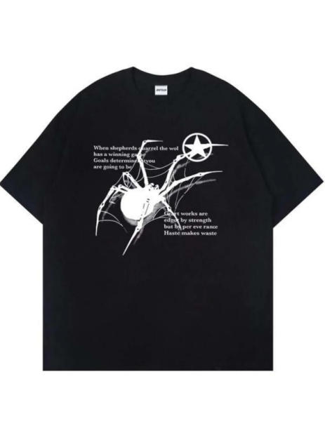 Y2k Spider Baskılı Siyah T-shirt