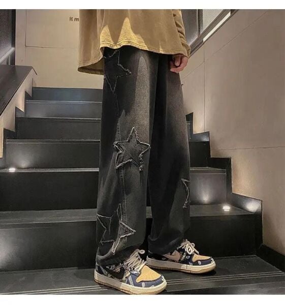 Y2k Stars Patch Detay Siyah Pantolon