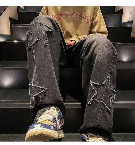 Y2k Stars Patch Detay Siyah Pantolon