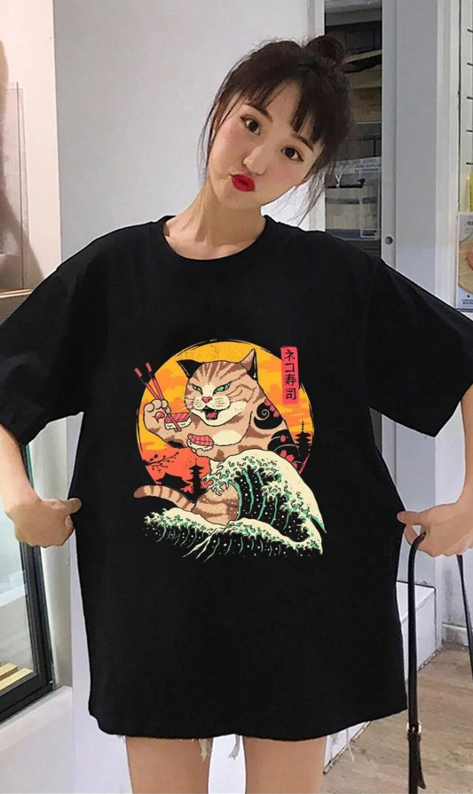 Artist Cat Baskılı Siyah Unisex Oversize T-shirt