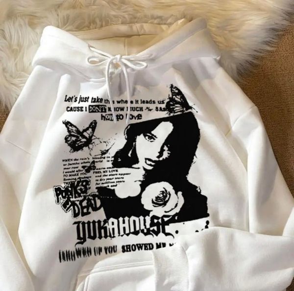 Y2k Grunge Kawaii Beyaz Kalın kumaş Kapşonlu ( Unisex )