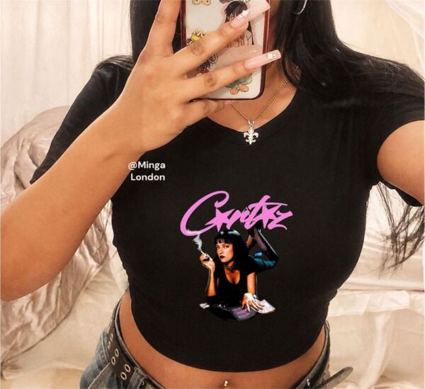 Corteiz Baskılı Siyah Kemer Boy Y2K Kısa Kollu Crop
