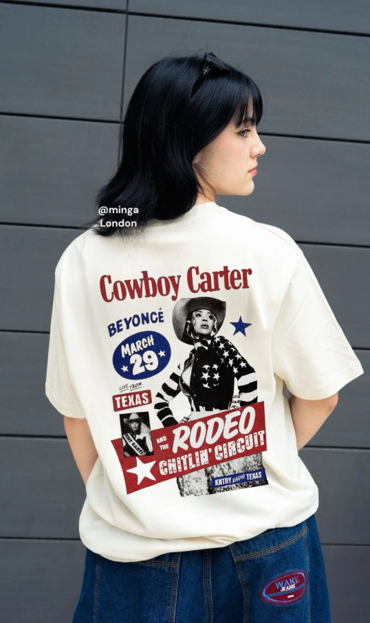 Beyonce Cowboy Carter Album Ön Arka Baskılı Oversize Bej Tişört