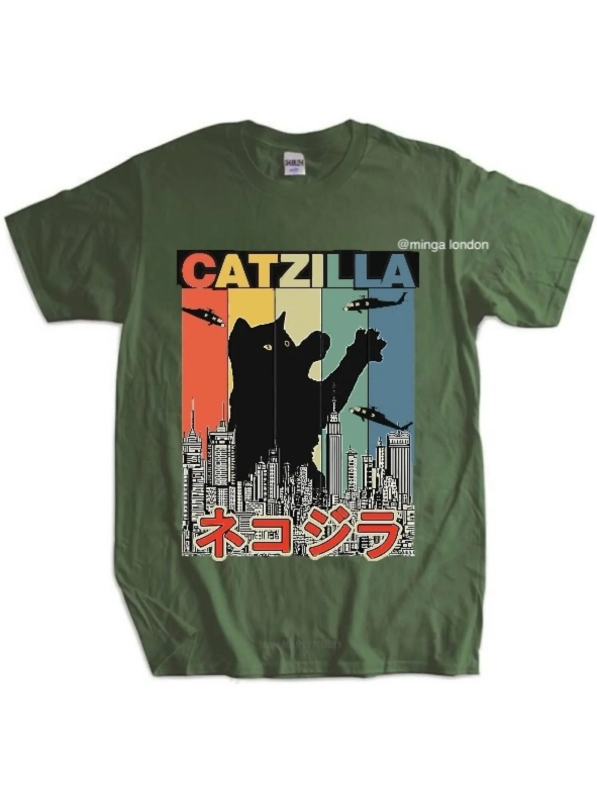 Catzilla Color Haki Rengi Ön Baskılı Oversize T-shirt