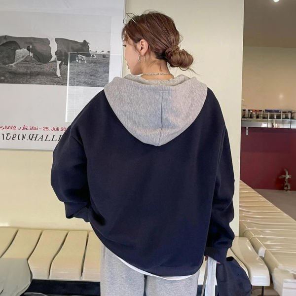 Gri Melanj Kapüşon Detaylı Lacivert Basic Kalın Kumaş Fermuarlı Oversize (Unisex) Kapüşonlu