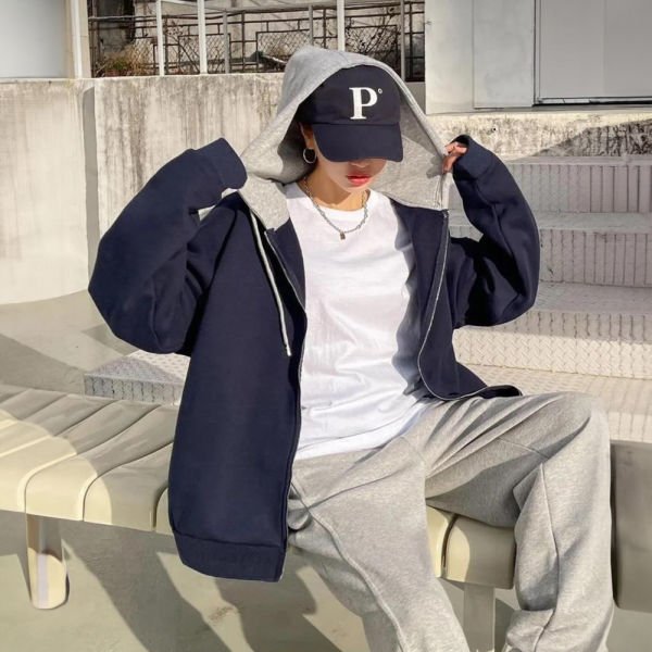 Gri Melanj Kapüşon Detaylı Lacivert Basic Kalın Kumaş Fermuarlı Oversize (Unisex) Kapüşonlu