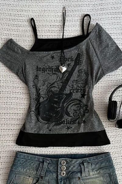 Antrasit Vintage Guitar Açık Yaka Gotik Y2K Ek Askılı Crop