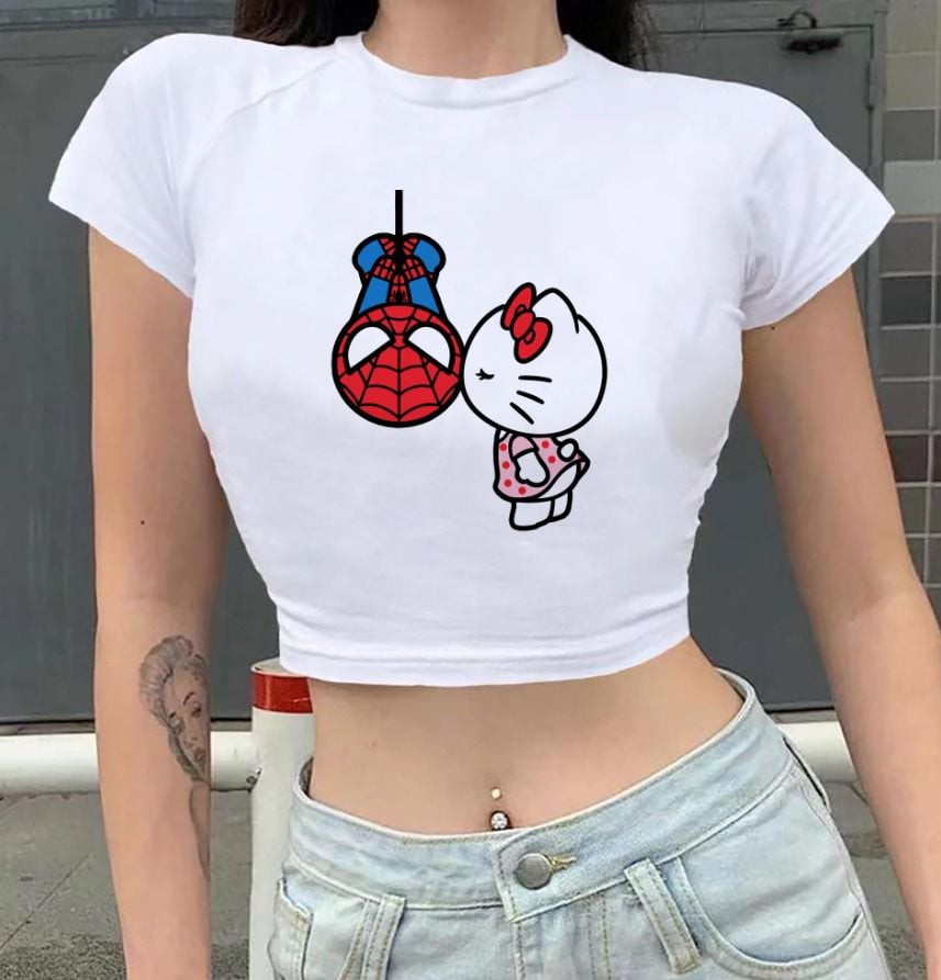 Spider-Man & Hello Kitty Baskılı Crop