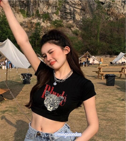Rhude Leopar Baskılı Siyah Kemer Boy Y2K Kısa Kollu Crop