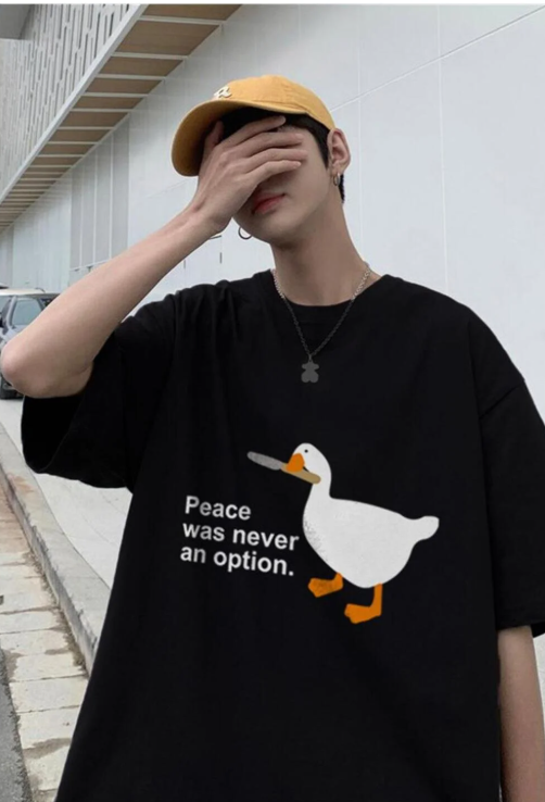 Duck ''Peace Was Never An Option'' Baskılı Siyah Unisex Oversize T-shirt