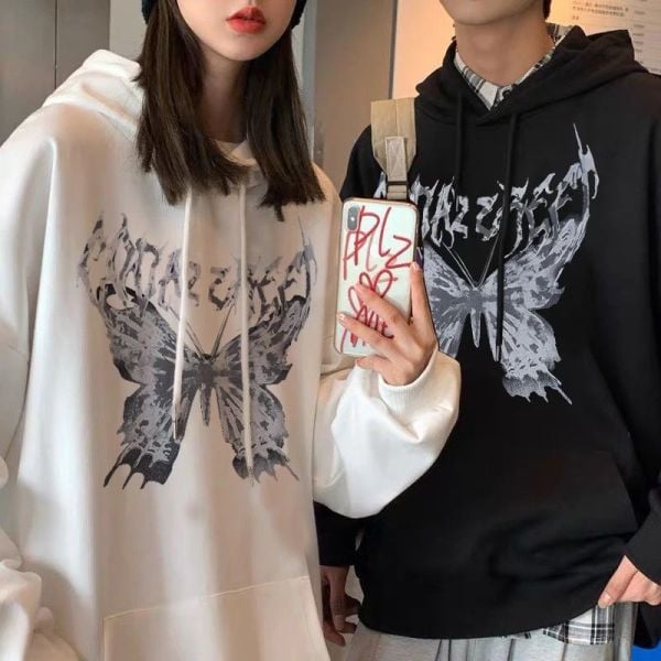 Harajuku Butterfly Siyah (Unisex) Kalın Kumaş Kapşonlu Sweatshirt