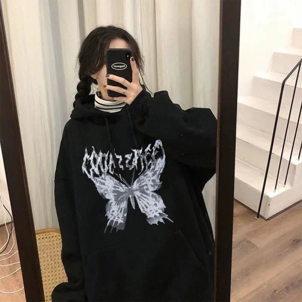 Harajuku Butterfly Siyah (Unisex) Kalın Kumaş Kapşonlu Sweatshirt