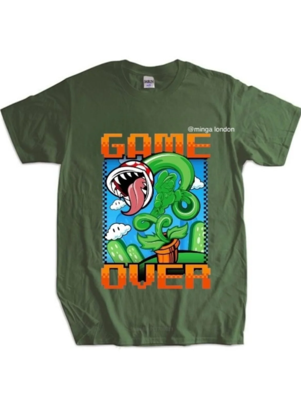 Game Over Haki Rengi Ön Baskılı Oversize T-shirt