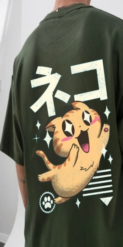 Haki Bright Eyed Cat Ön Arka Baskılı Oversize T-shirt