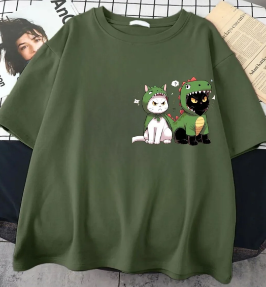 Haki Cat in Costume Ön Arka Baskılı Oversize T-shirt