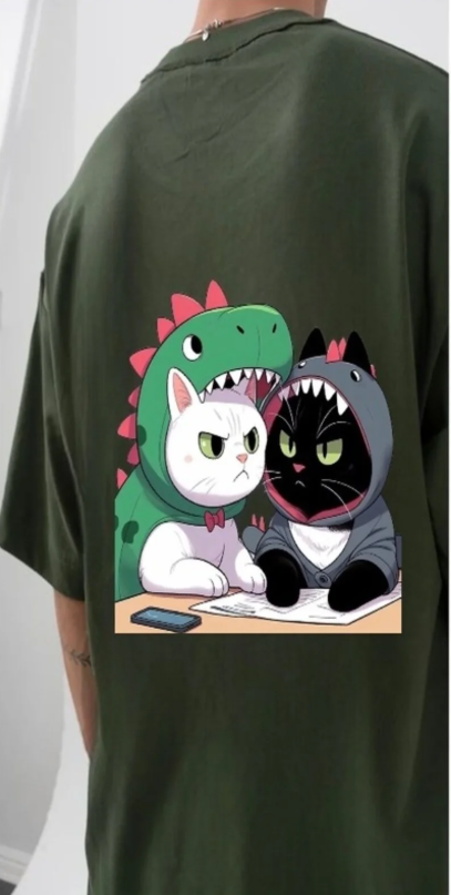 Haki Cat in Costume Ön Arka Baskılı Oversize T-shirt