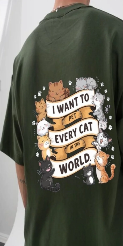 Haki Cat Lovers Sweety Ön Arka Baskılı Oversize T-shirt