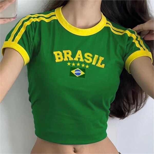 Yeşil Vintage Sarı Şeritli Brasil Kısa Kollu Crop