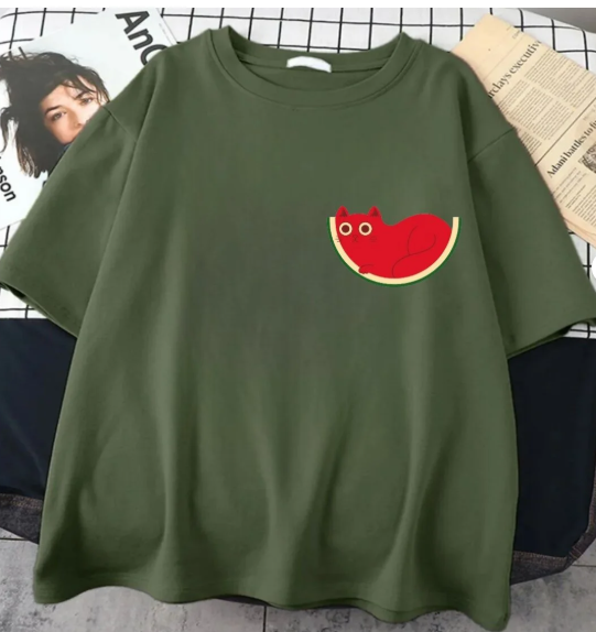 Haki Cute Red Watermelon Ön Arka Baskılı Oversize