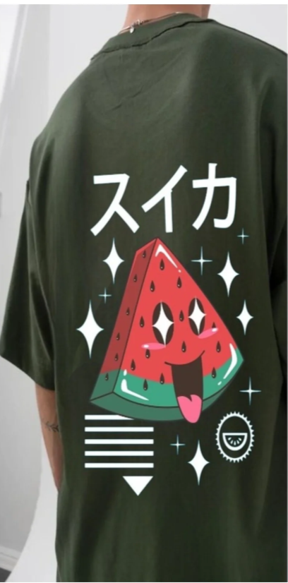 Haki Cute Red Watermelon Ön Arka Baskılı Oversize