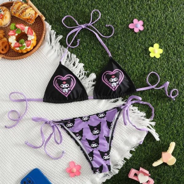 Siyah Lila Kuromi Collage Heart Bikini Takımı