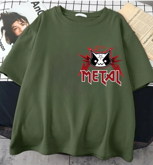 Haki Heavy Meowtal Loving Rock- Metal Ön Arka Baskılı Oversize T-shirt