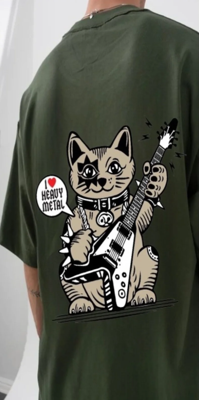 Haki Heavy Meowtal Loving Rock- Metal Ön Arka Baskılı Oversize T-shirt