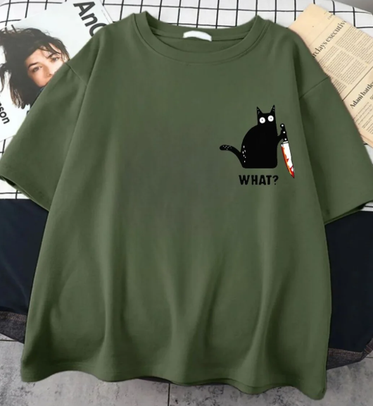 Haki Kill Cat Ön Arka Baskılı Oversize T-shirt
