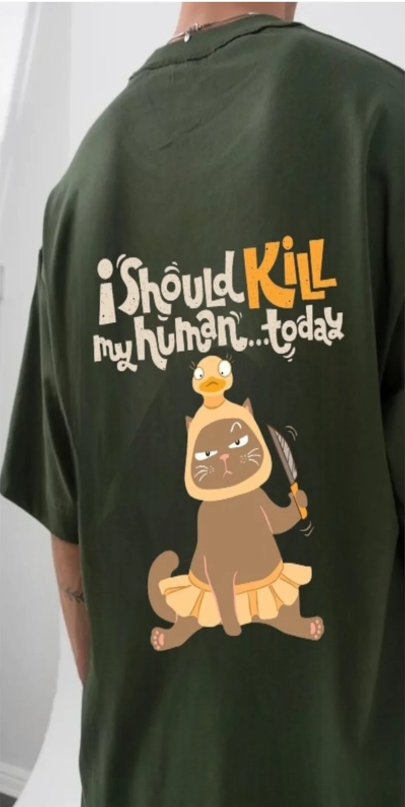 Haki Kill Cat Ön Arka Baskılı Oversize T-shirt